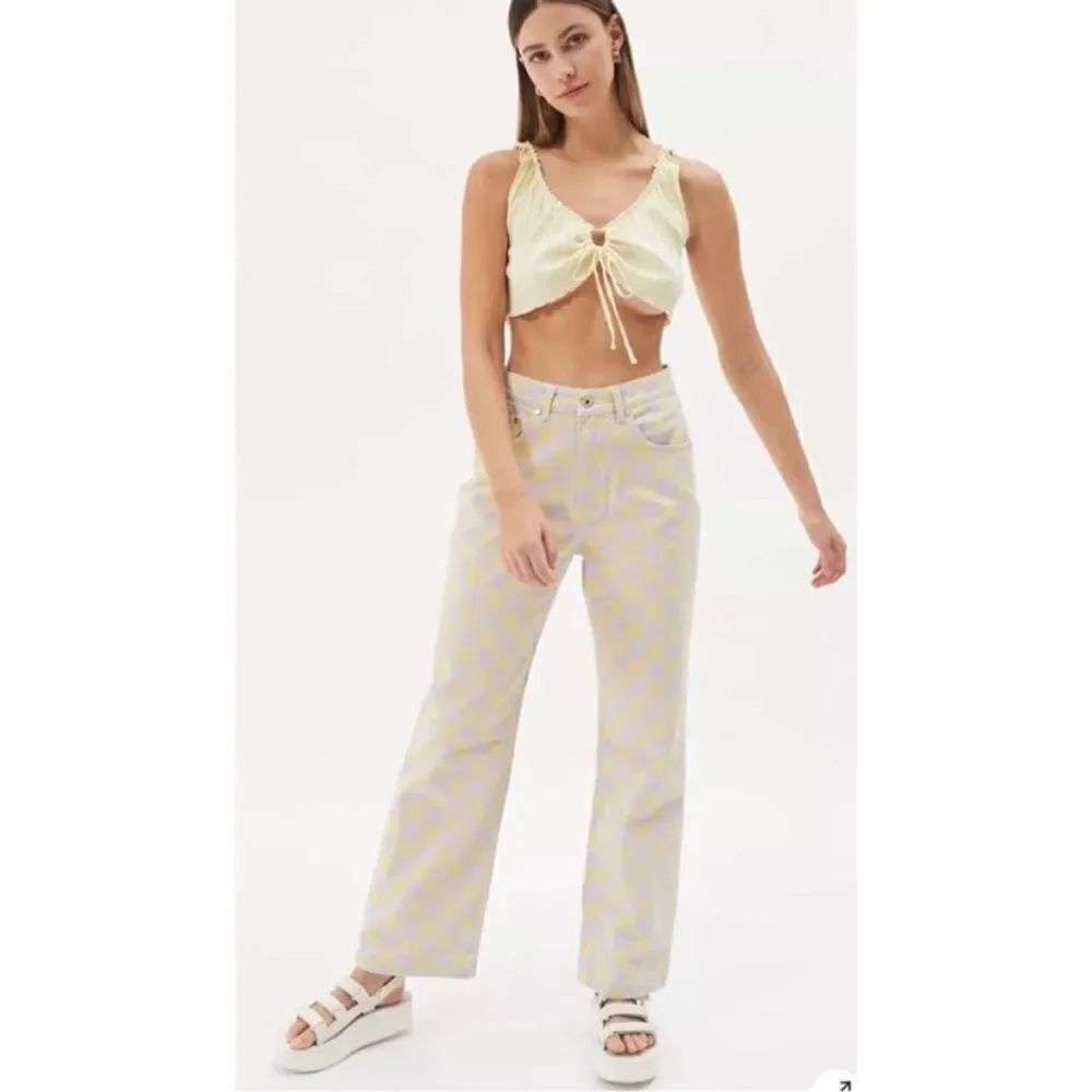 Ragged Priest Lilac Purple & Yellow Checkerboard Wide Leg High Rise Jeans 32